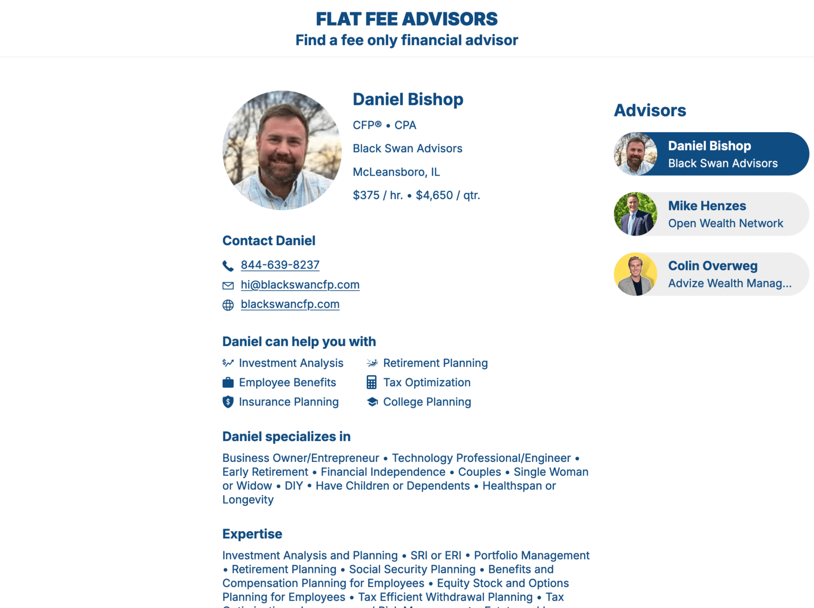 A preview of an advisor profile. The profile example is for a Mr. Daniel Bishop in Mcleansborough, IL.